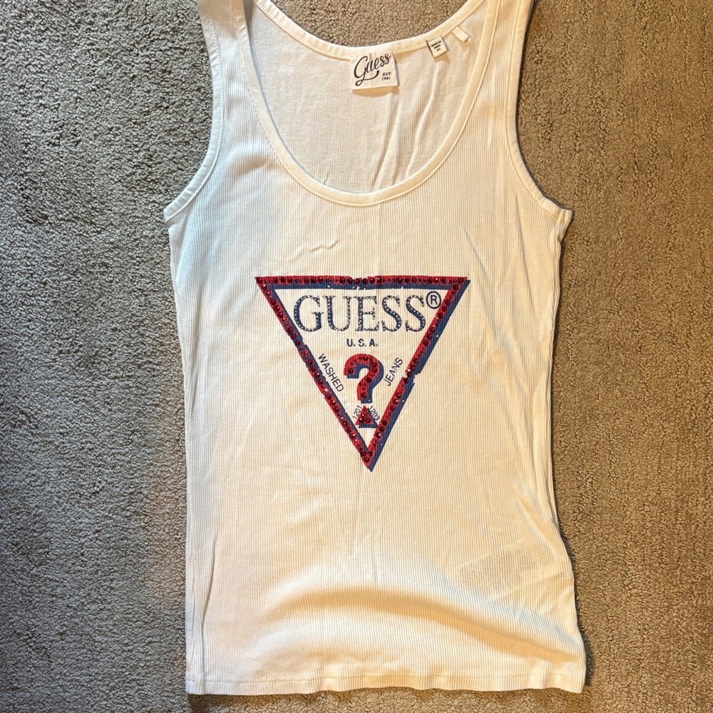 Guess White Tank with Red and Blue Triangle Logo